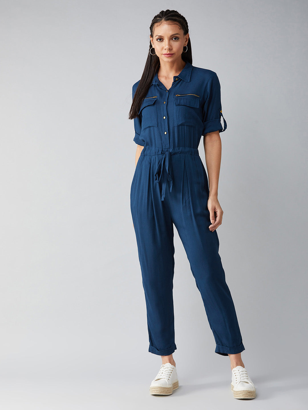 Women's Teal Blue Collared V-Neck 3/4 Sleeves Straight Leg Tie-Up Solid Belted Wrap Jumpsuit