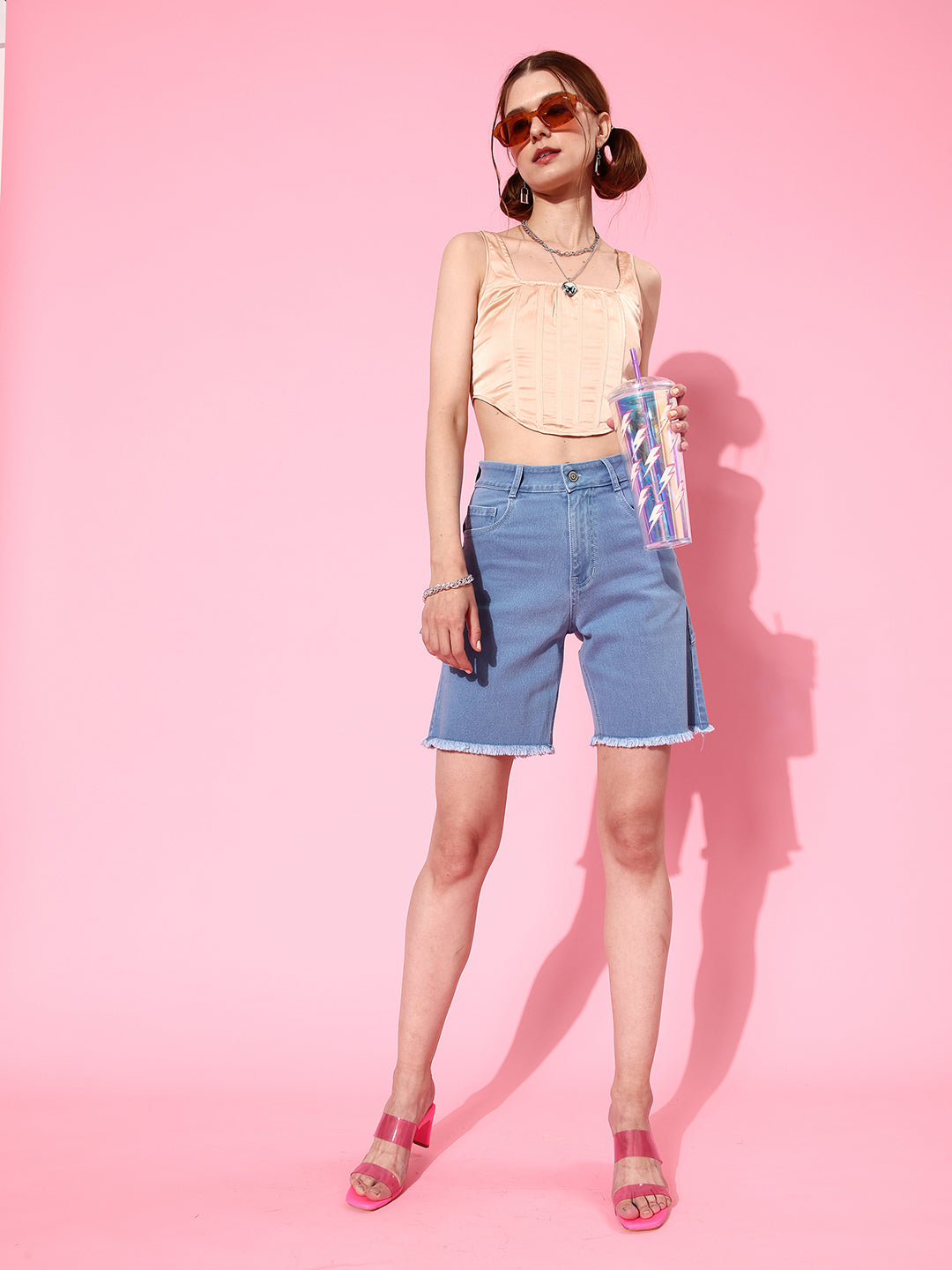 Women's Light Blue Regular High Rise Clean Look Above Knee Stretchable Denim Shorts