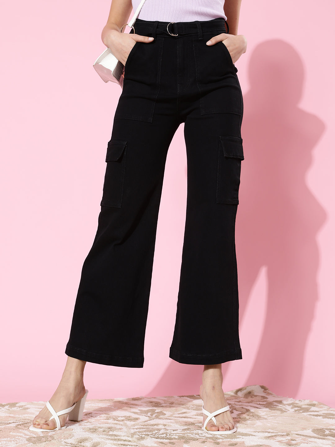 24/7 Comfort Women's Black Wide leg Cargo High rise Clean look Regular Stretchable Denim Jeans