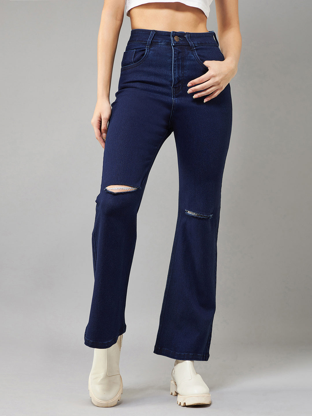 24/7 Comfort Women's Timeless Navy Blue Bell Bottom Bootcut High Rise Stretchable Ripped Denim Jeans