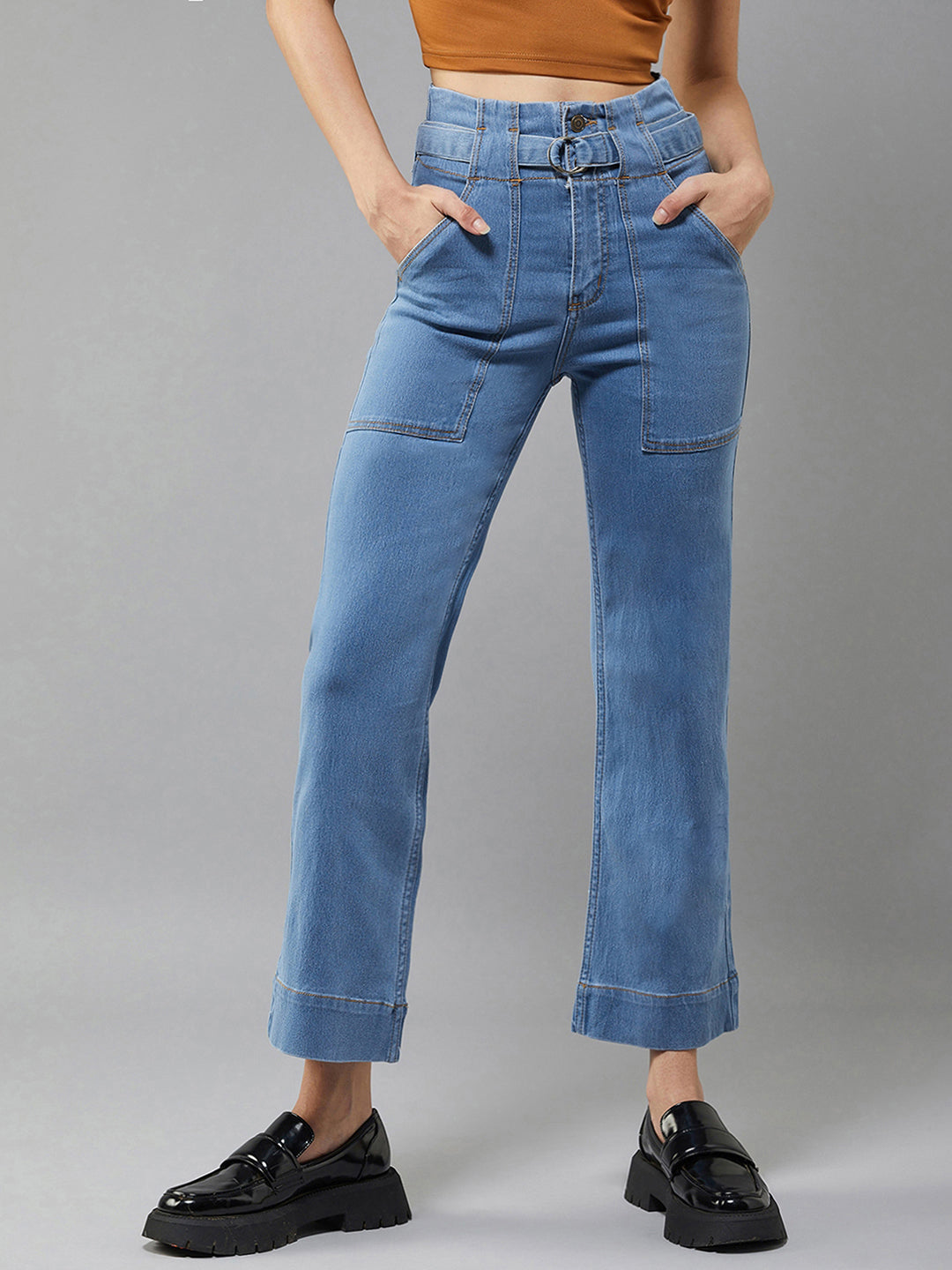 Women's Light Blue flared High rise Clean look Cropped Stretchable Denim Jeans