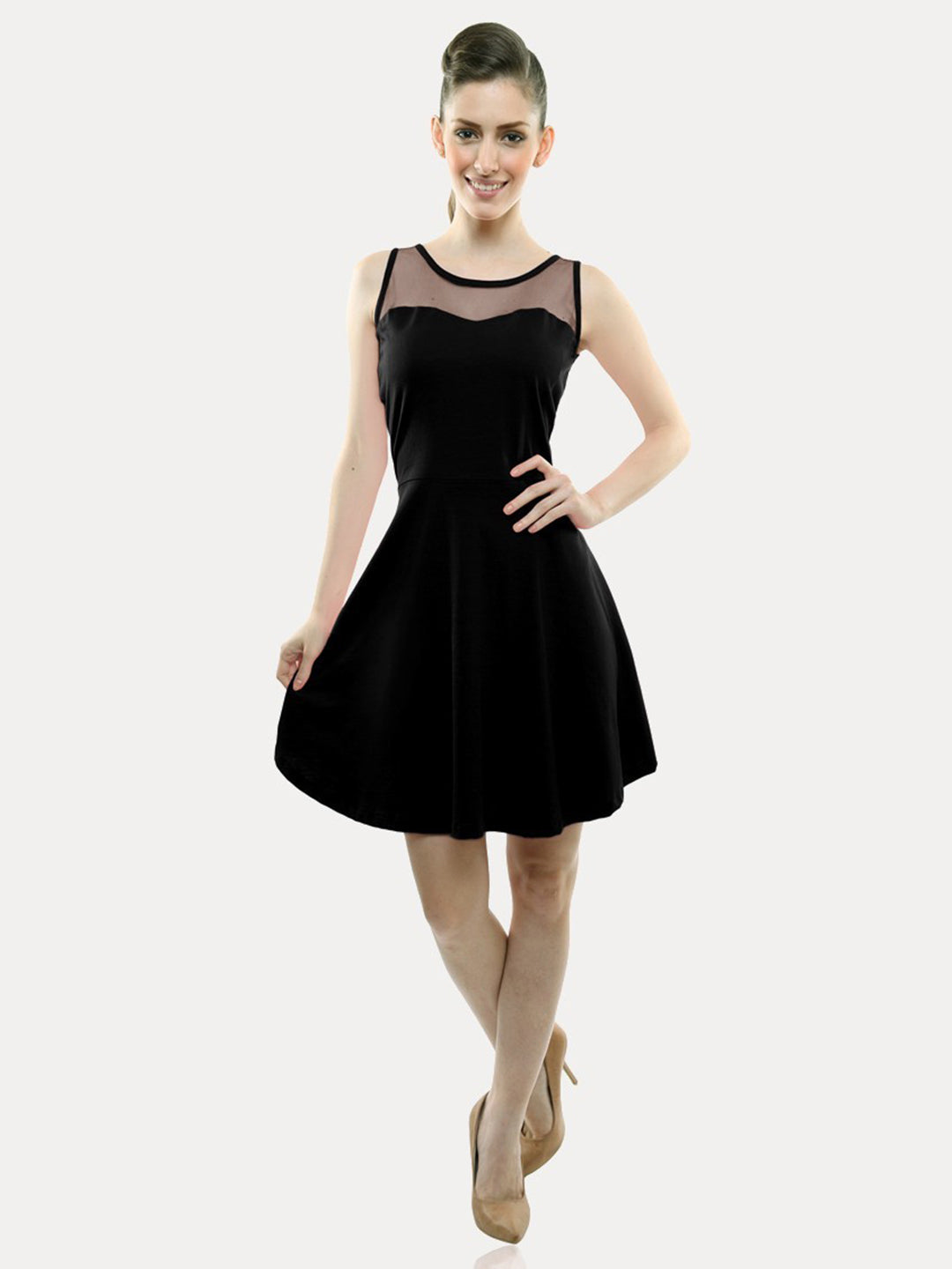 Women's Black Round Neck Sleeveless Back Cut Out Bow Mini Skater Dress