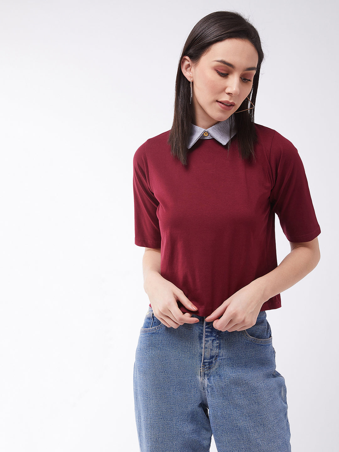 Women's Maroon & Grey Half Sleeves Round Neck Solid Crop Top