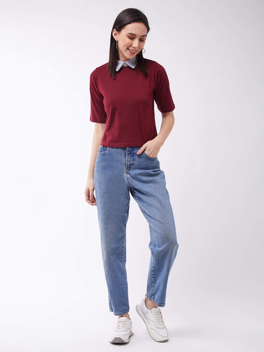 Women's Maroon & Grey Half Sleeves Round Neck Solid Crop Top