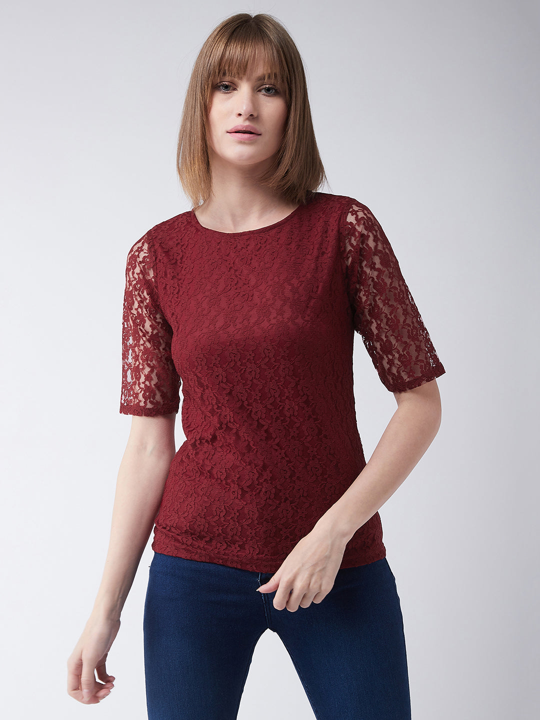 Women's Maroon Round Neck Half Sleeves Basic Lace Crop Top