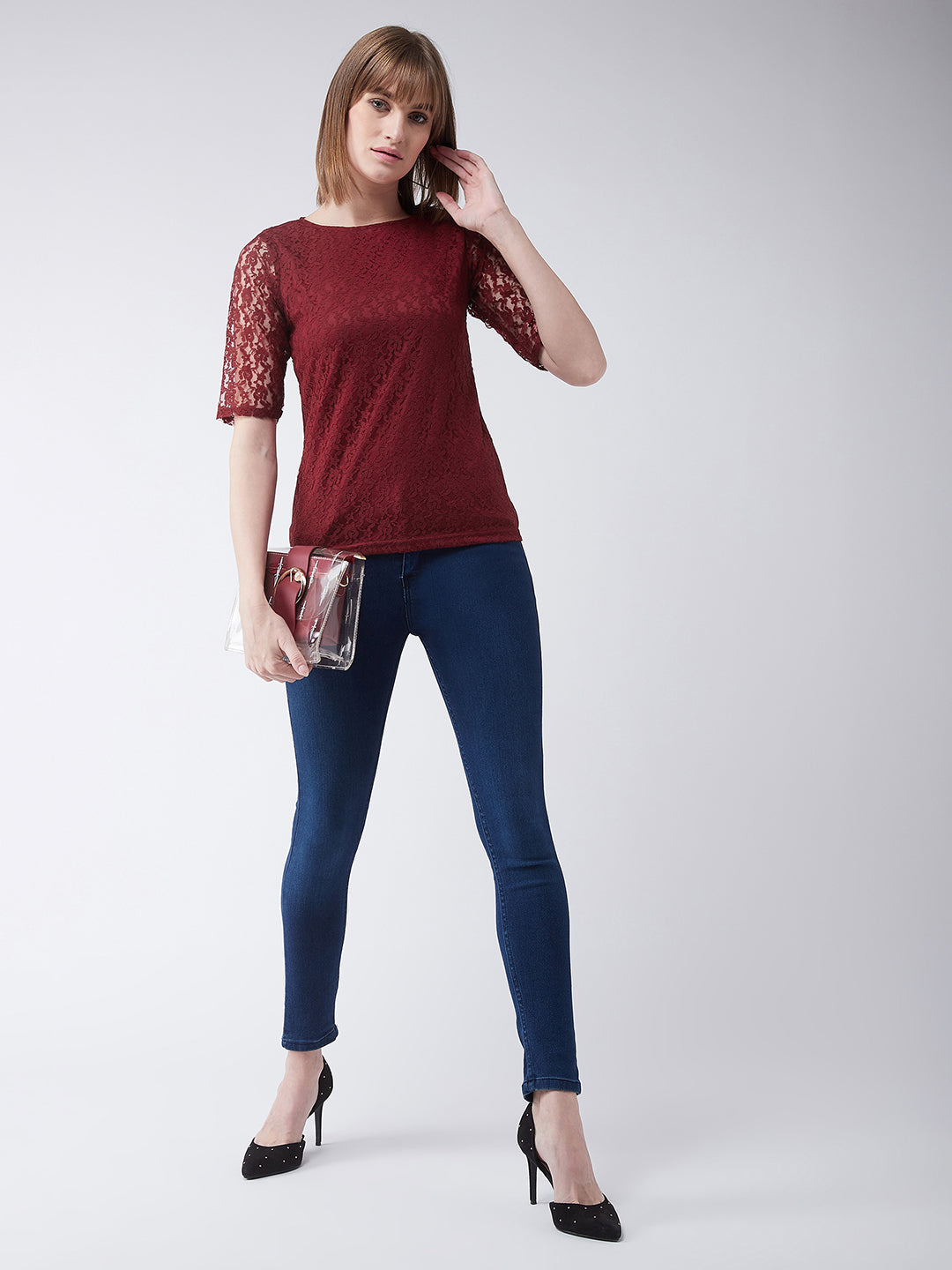 Women's Maroon Round Neck Half Sleeves Basic Lace Crop Top