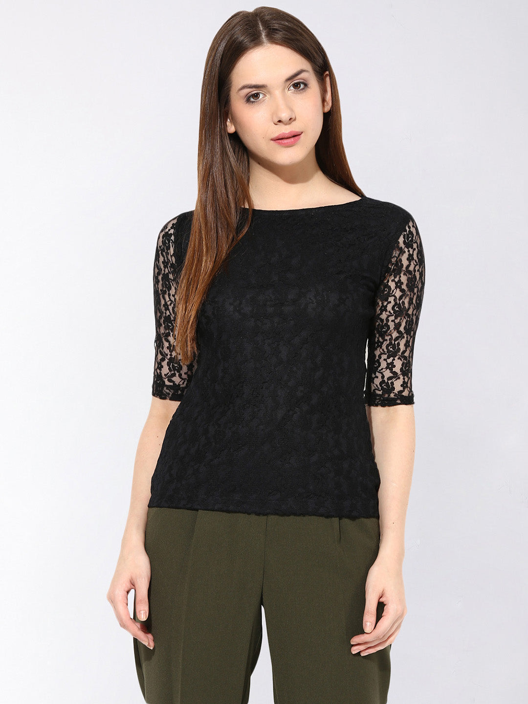 Women's Black Round Neck 3/4th Sleeves Lace Top