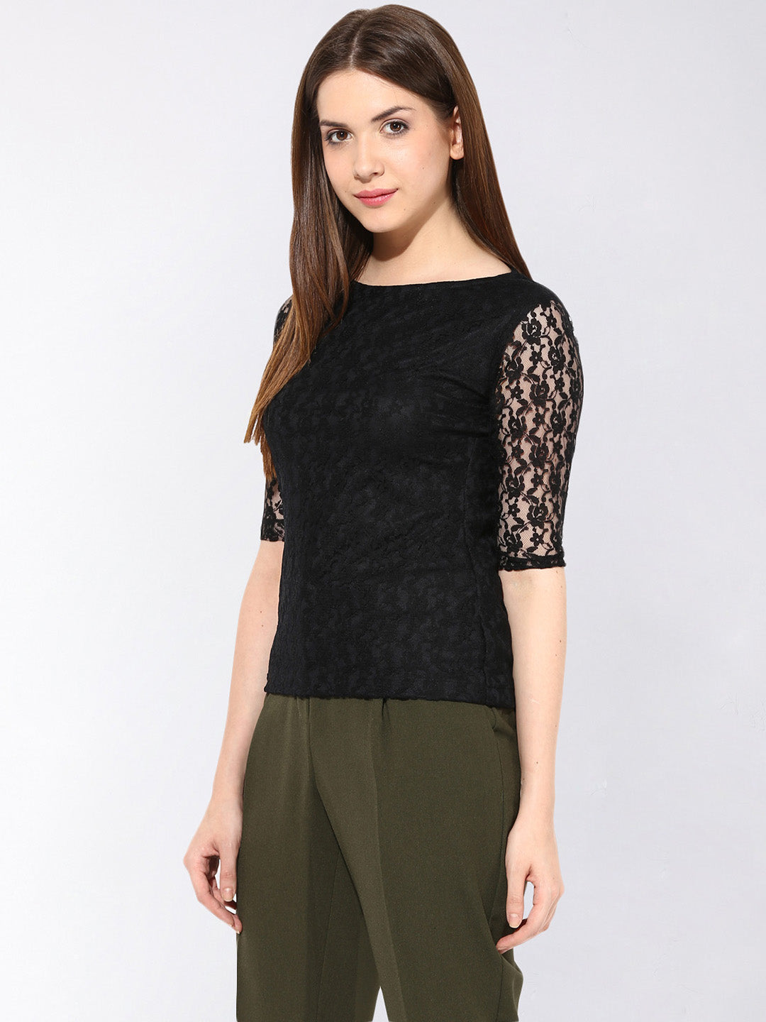 Women's Black Round Neck 3/4th Sleeves Lace Top