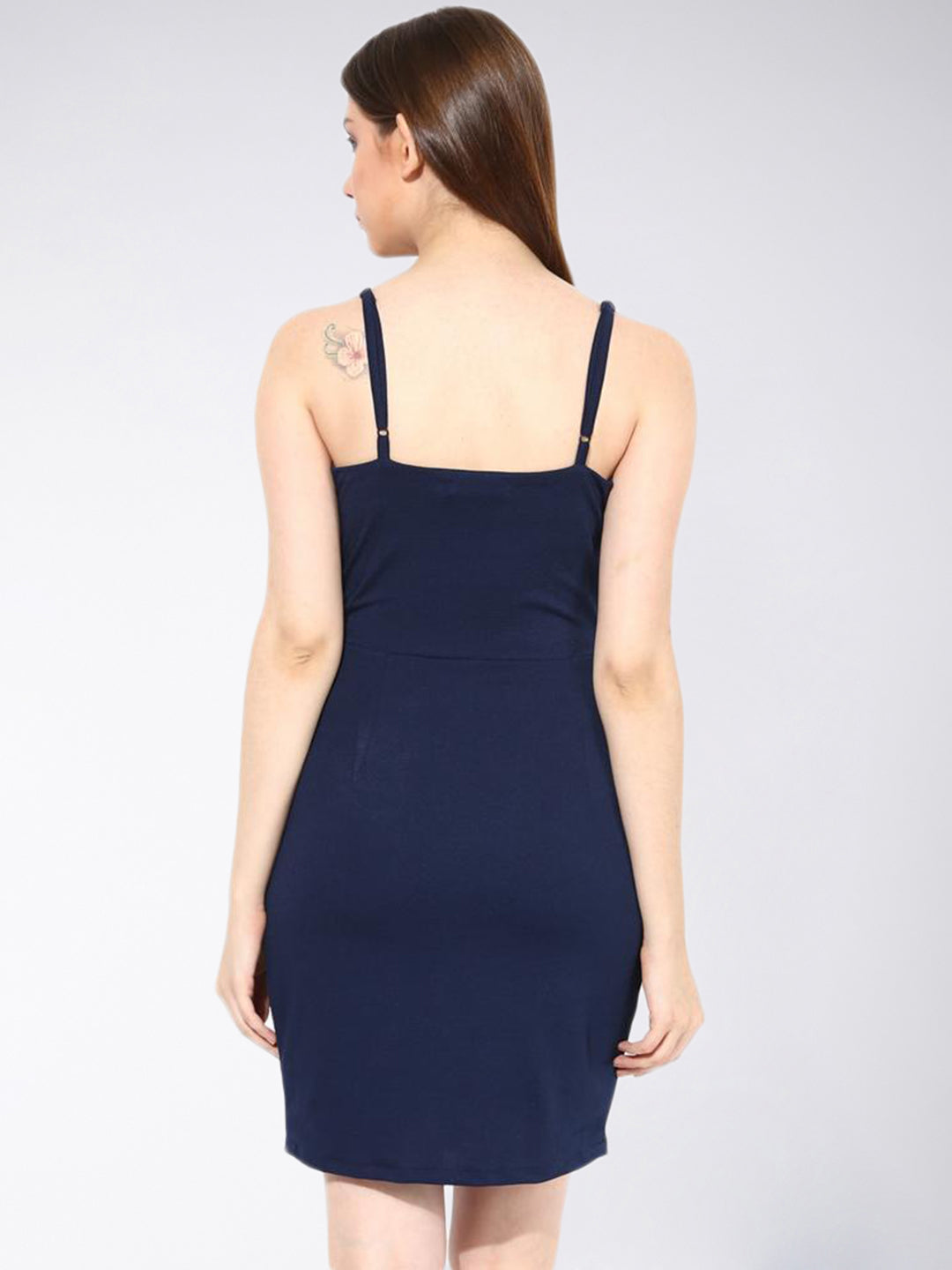 Crease Ease Women's Navy Blue Square Neck Sleeveless Solid Bodycon Dress