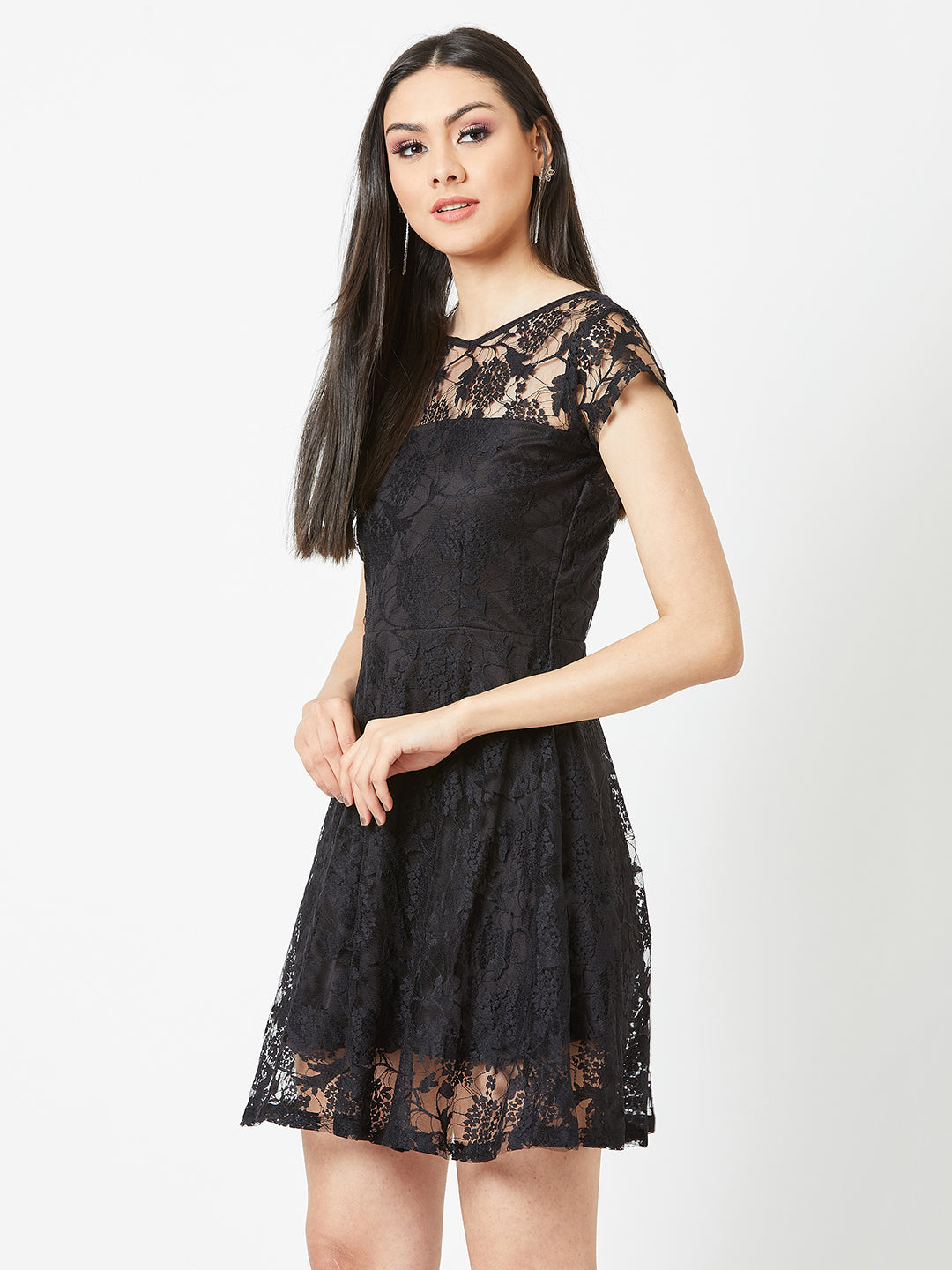 Women's Black Round Neck Cap Sleeves Low Back Lace Skater Dress