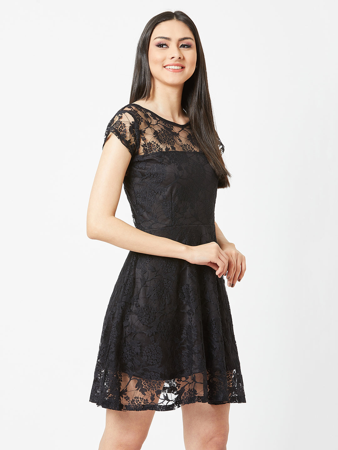 Women's Black Round Neck Cap Sleeves Low Back Lace Skater Dress