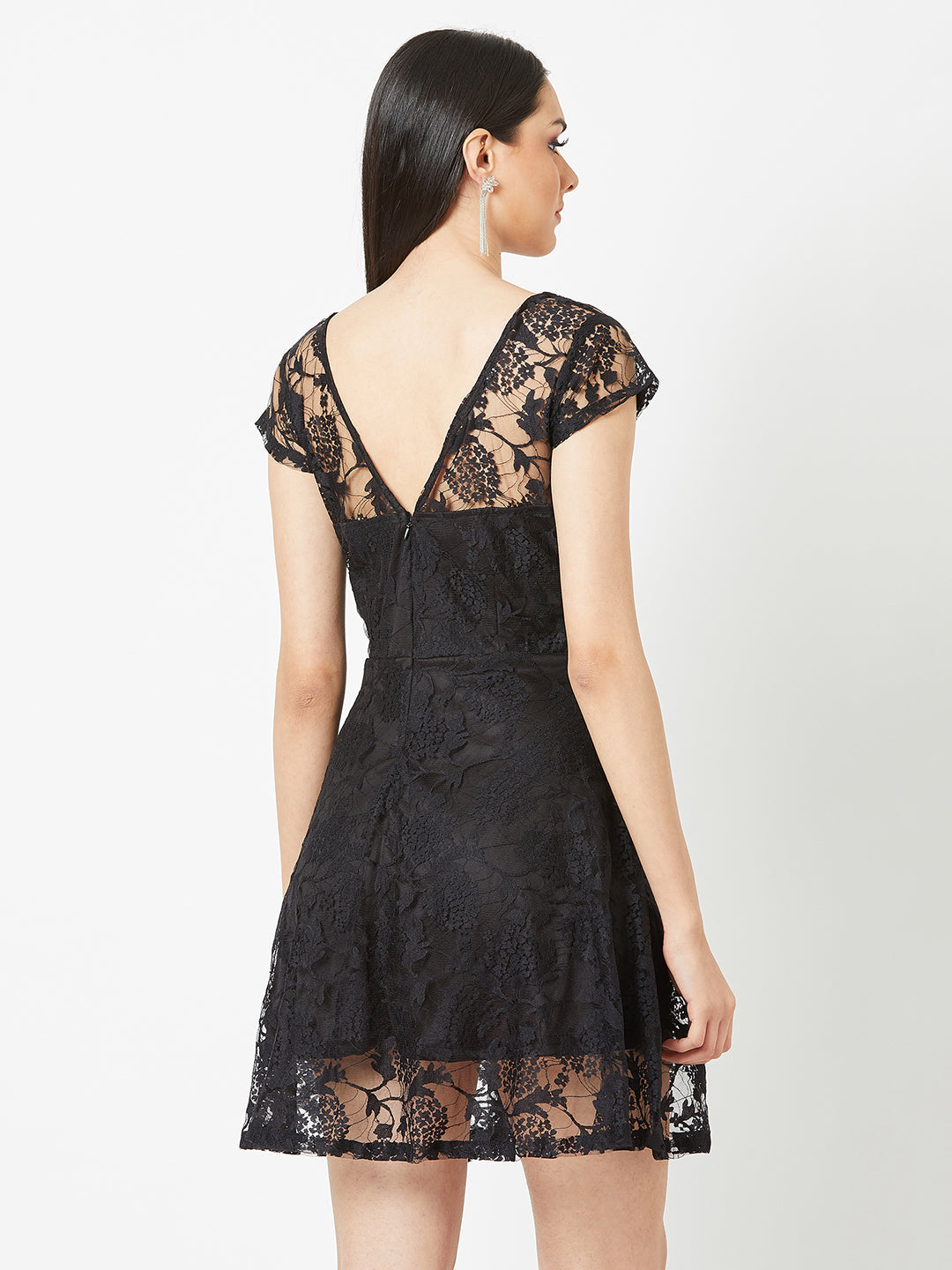 Women's Black Round Neck Cap Sleeves Low Back Lace Skater Dress