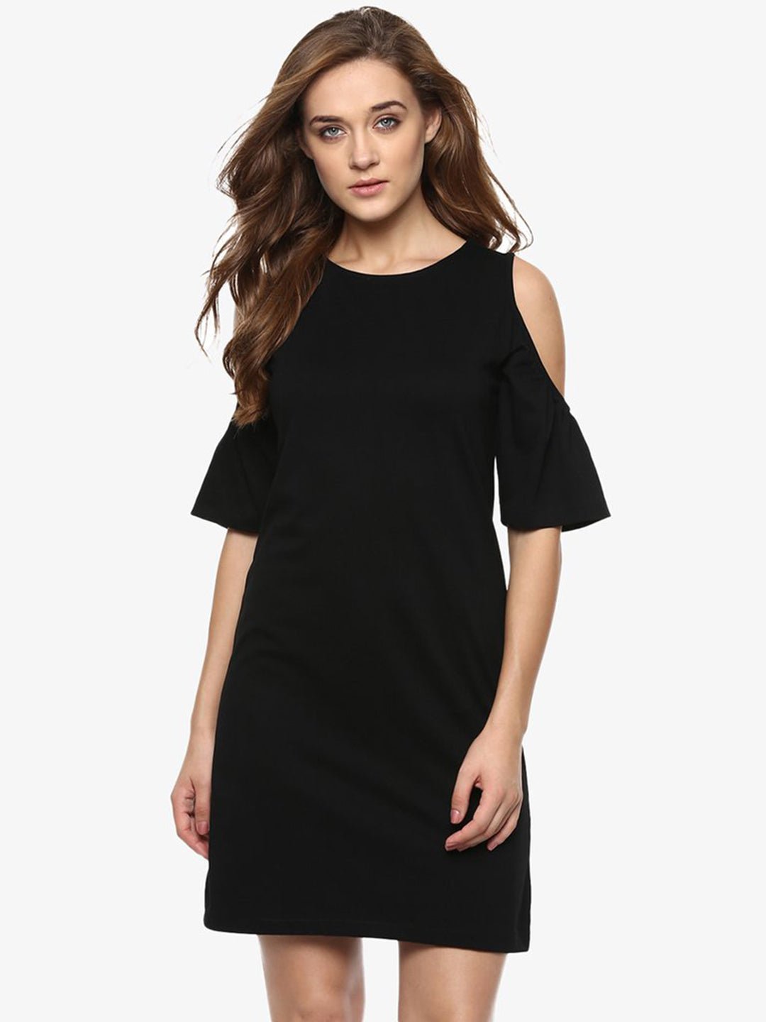 Women's Black Solid Shoulder Cut Out Half-Sleeve Round Neck Mini Dresses