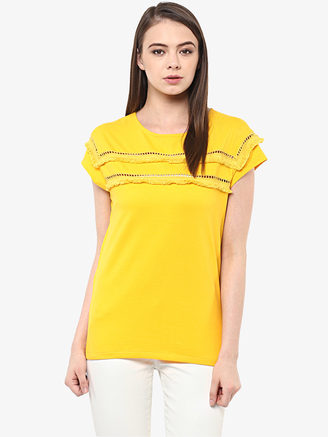 Women's Yellow Continuous Sleeve Round Neck Solid Paneled Top