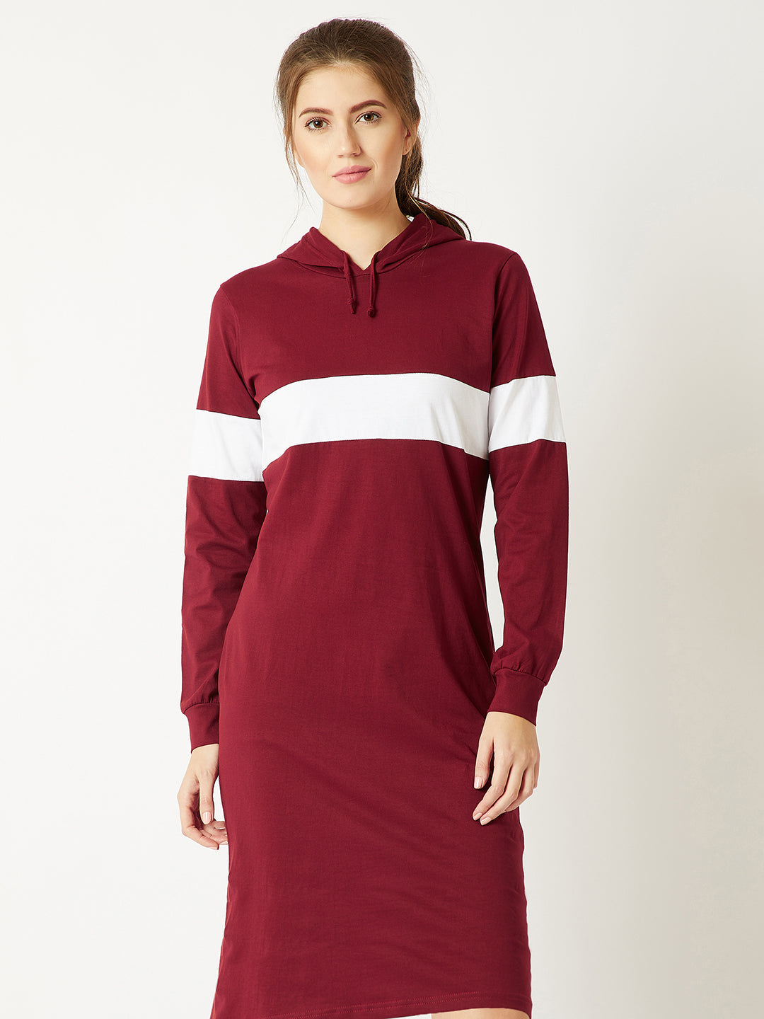 Women's Maroon And White Round Neck Full Sleeve Cotton Solid Hooded Knee-Long T-Shirt Dress