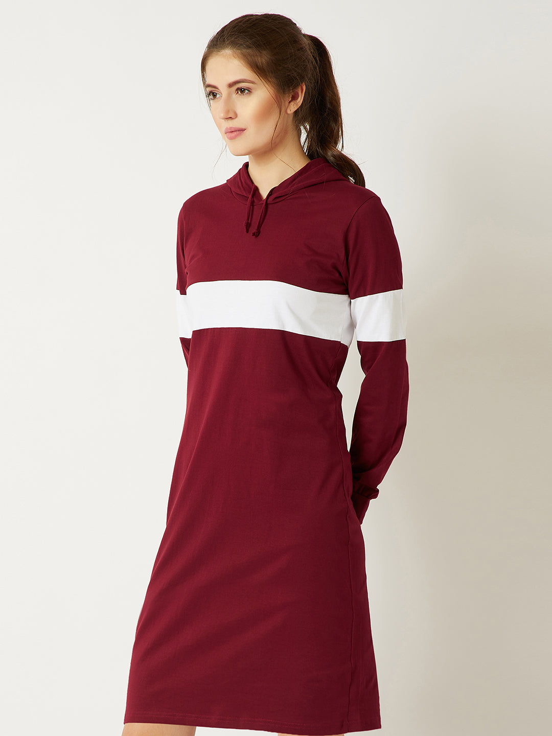 Women's Maroon And White Round Neck Full Sleeve Cotton Solid Hooded Knee-Long T-Shirt Dress