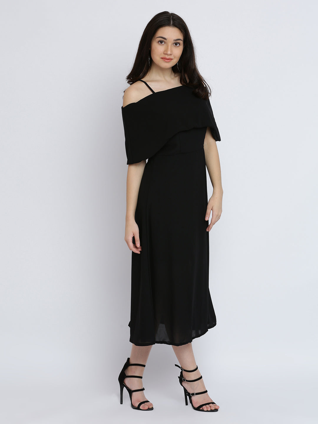 Women's Black Bardot Style Sleeveless Spaghetti Strap Solid Off Shoulder Midi Skater Dress