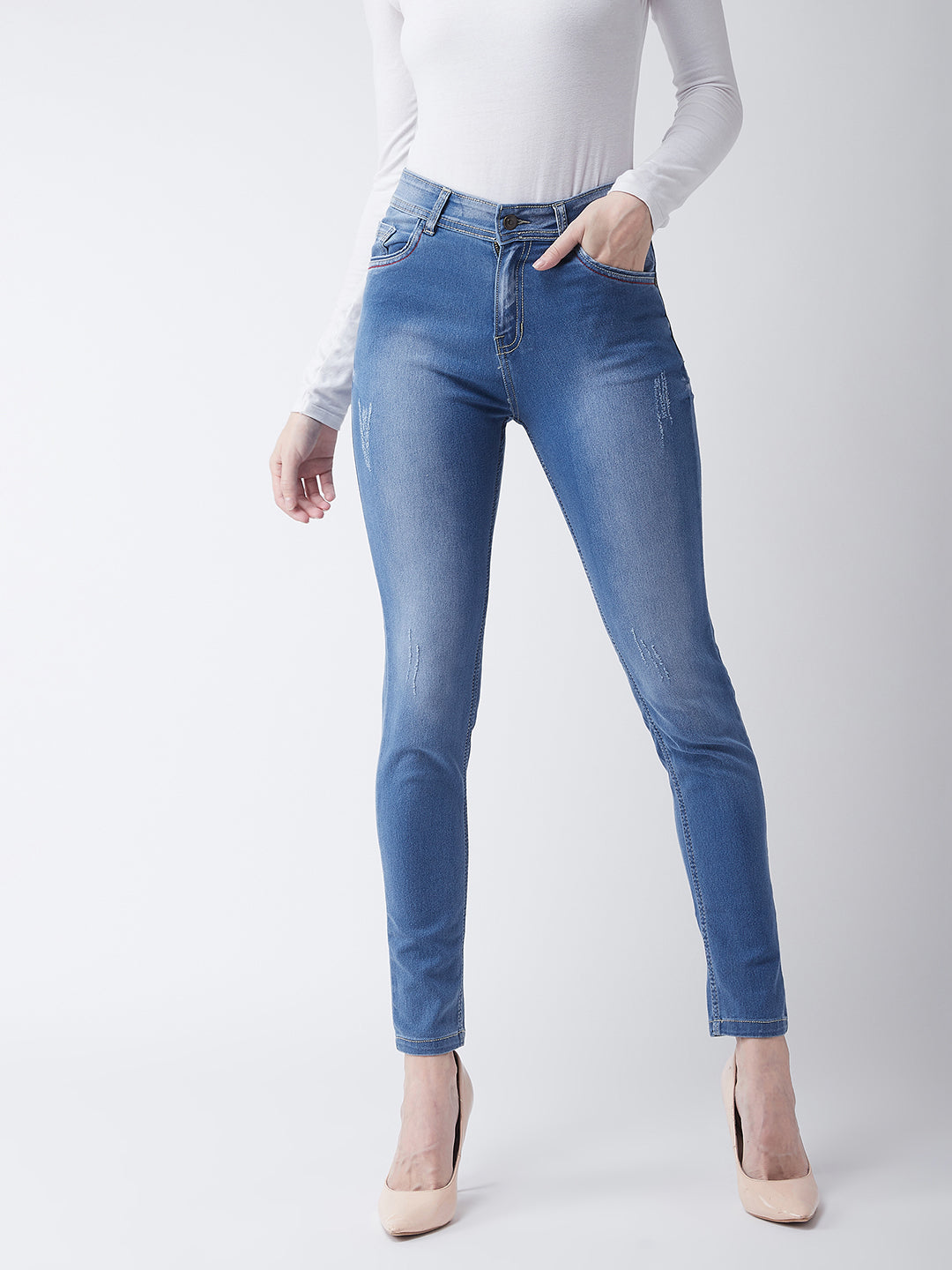 Women's Blue Skinny Fit High Rise Regular Length Denim Stretchable Jeans