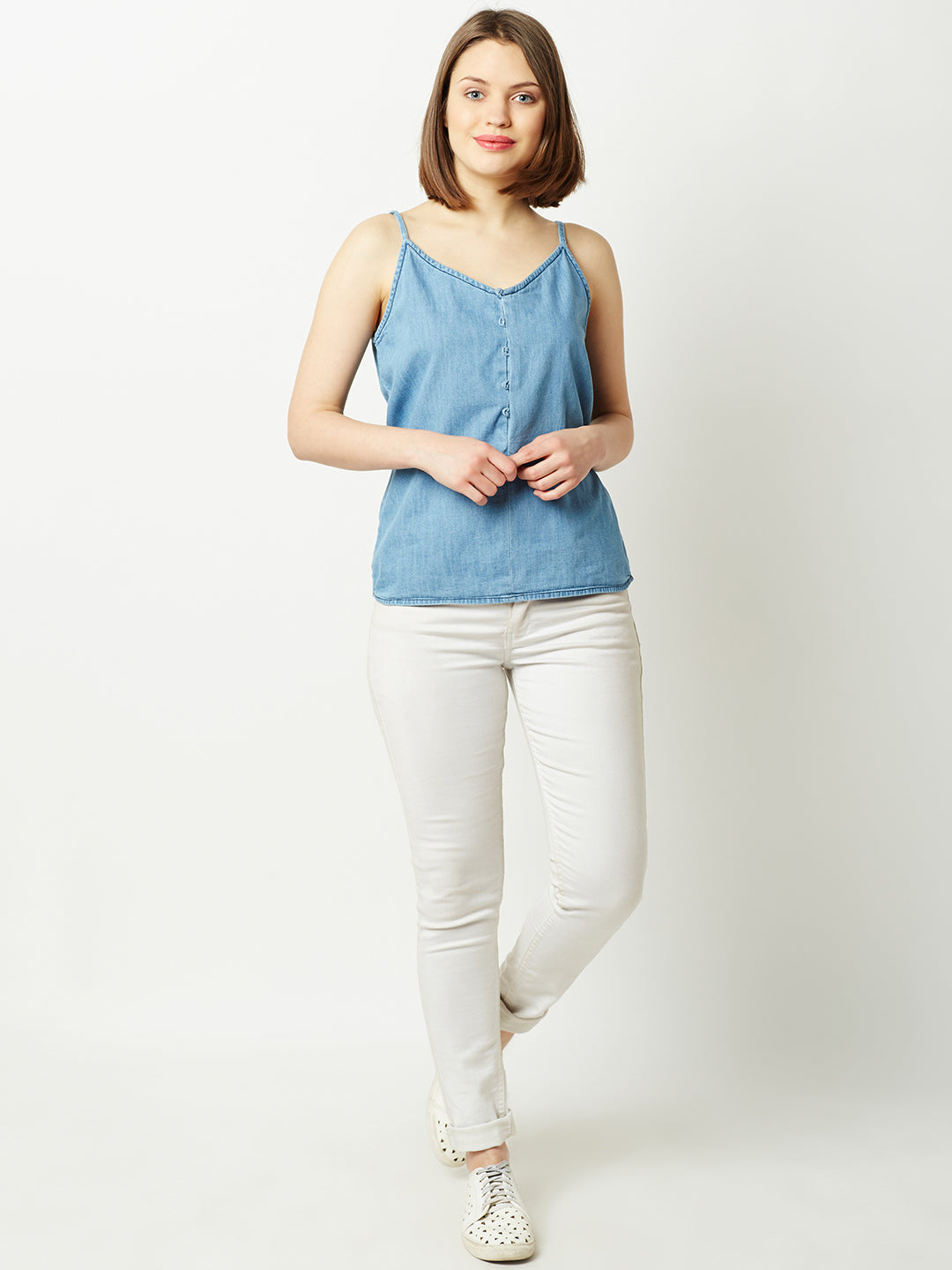 Women's Light Blue V Neck Sleeveless Cotton Solid Denim Spaghetti Top