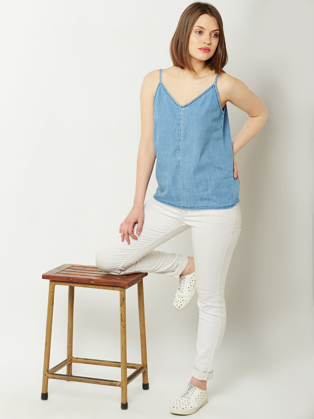 Women's Light Blue V Neck Sleeveless Cotton Solid Denim Spaghetti Top