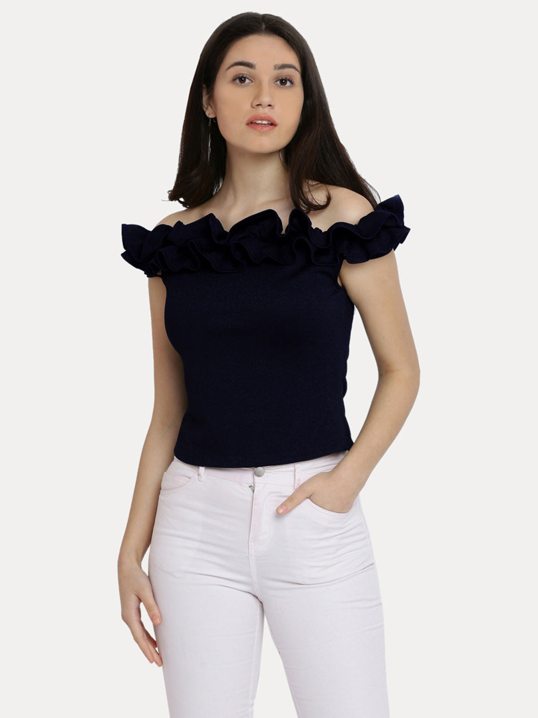 Women's Navy Blue Off Shoulder Sleeveless Solid Ruffled Frilled Gathered Bardot Top