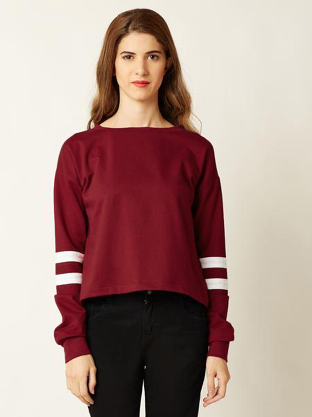 Women's Maroon Round Neck Full Sleeve Solid Paneled Boxy Top