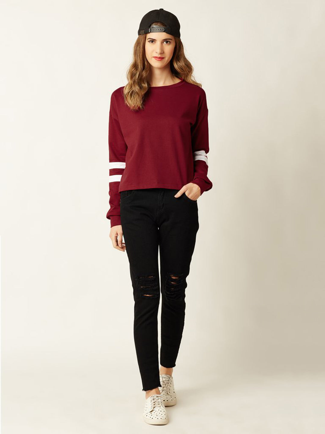 Women's Maroon Round Neck Full Sleeve Solid Paneled Boxy Top