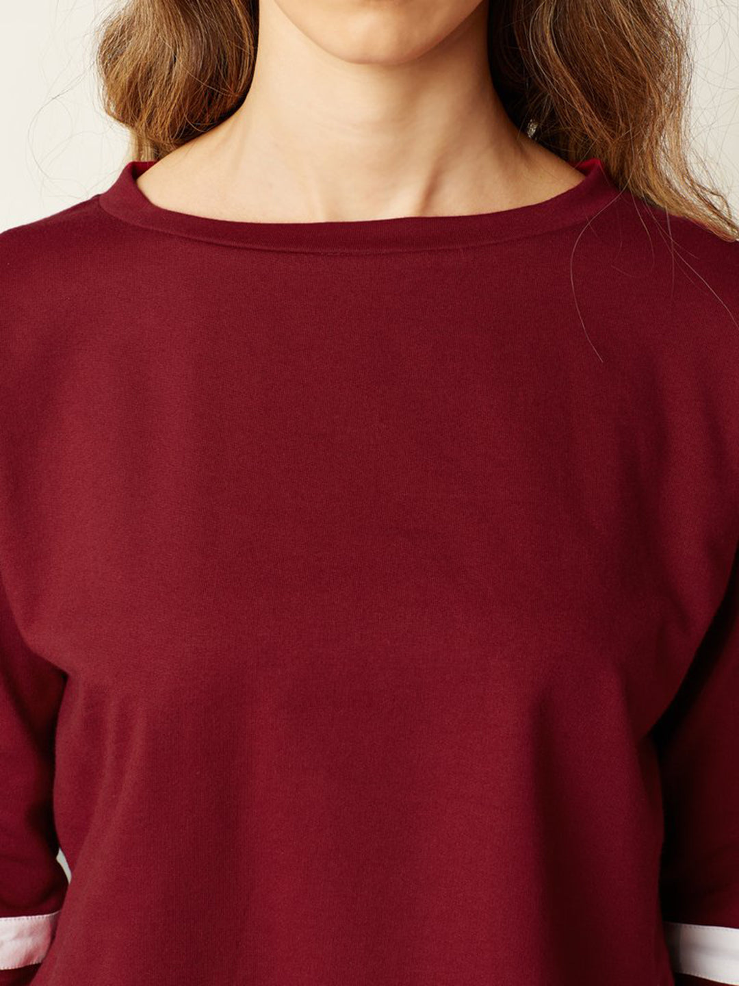 Women's Maroon Round Neck Full Sleeve Solid Paneled Boxy Top