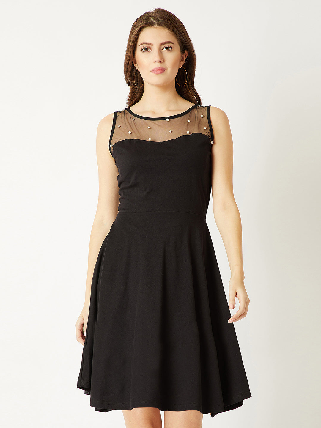 Women's Black Round Neck Sleeveless Cotton Solid Sheer And Pearl Detailing Mini Skater Dress