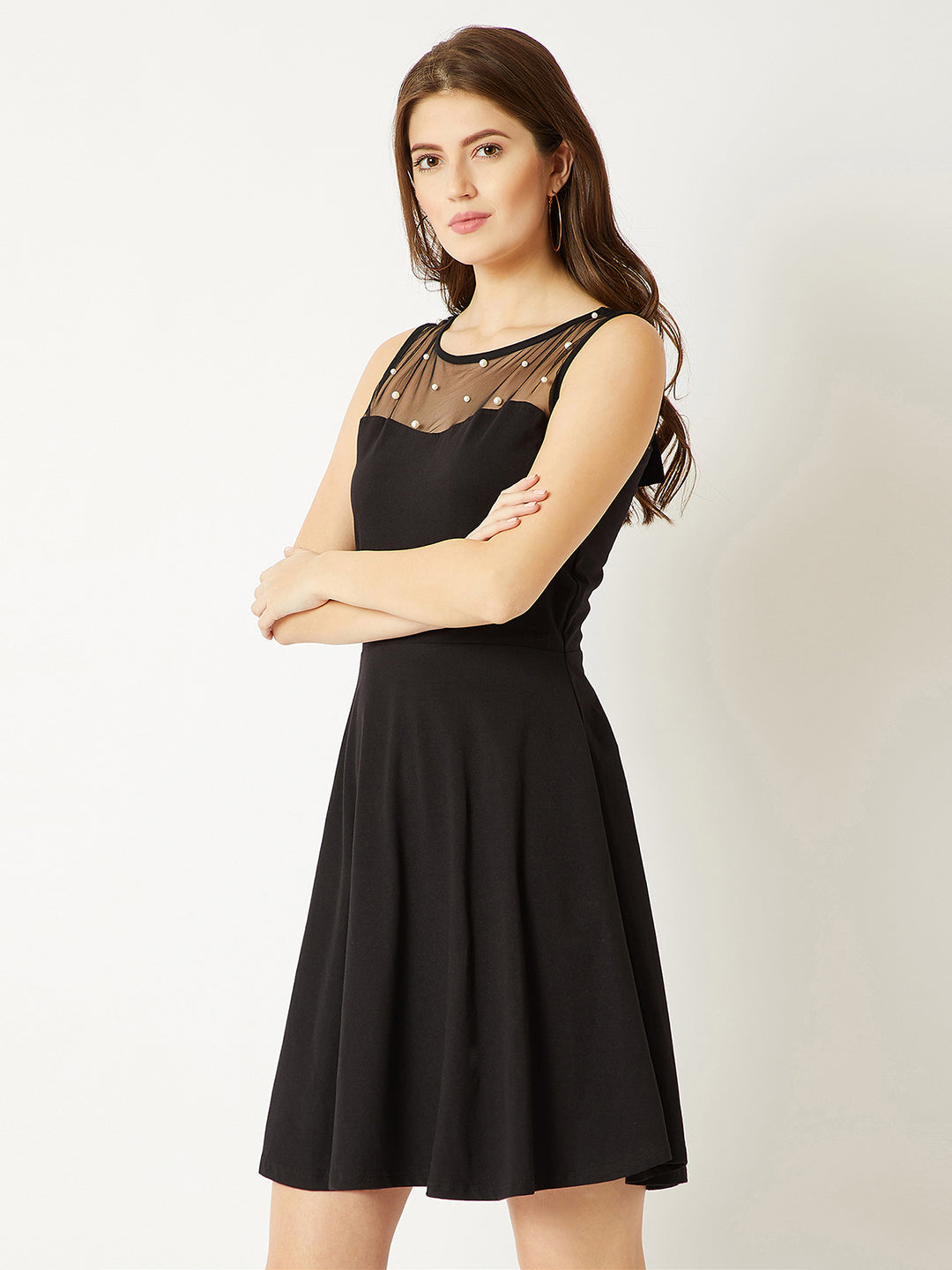 Women's Black Round Neck Sleeveless Cotton Solid Sheer And Pearl Detailing Mini Skater Dress