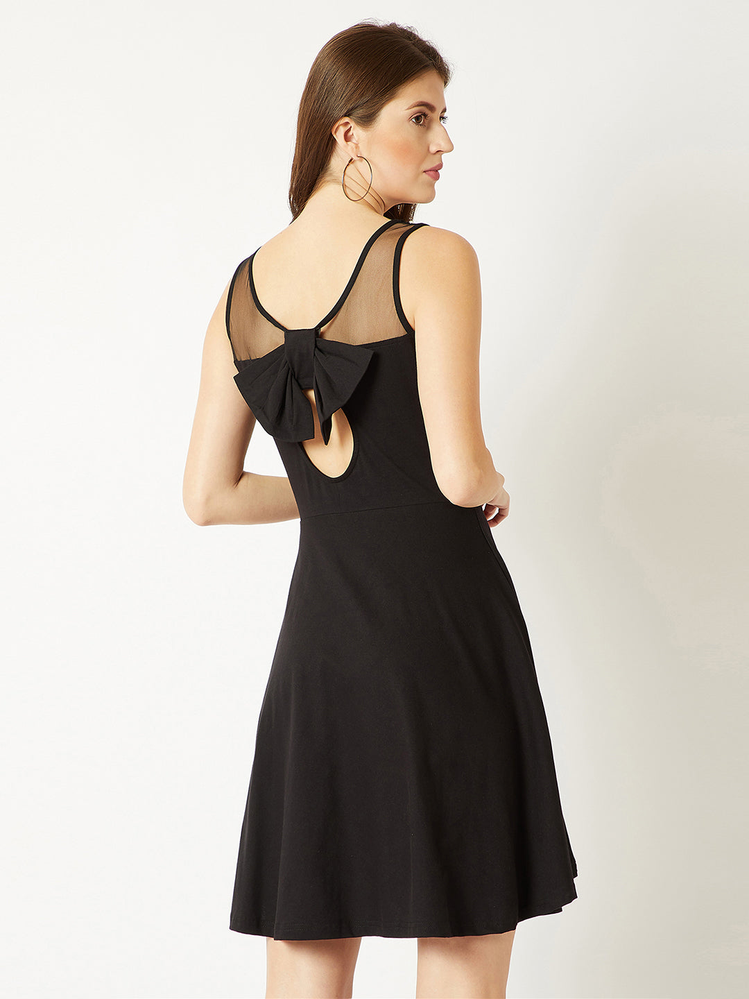 Women's Black Round Neck Sleeveless Cotton Solid Sheer And Pearl Detailing Mini Skater Dress