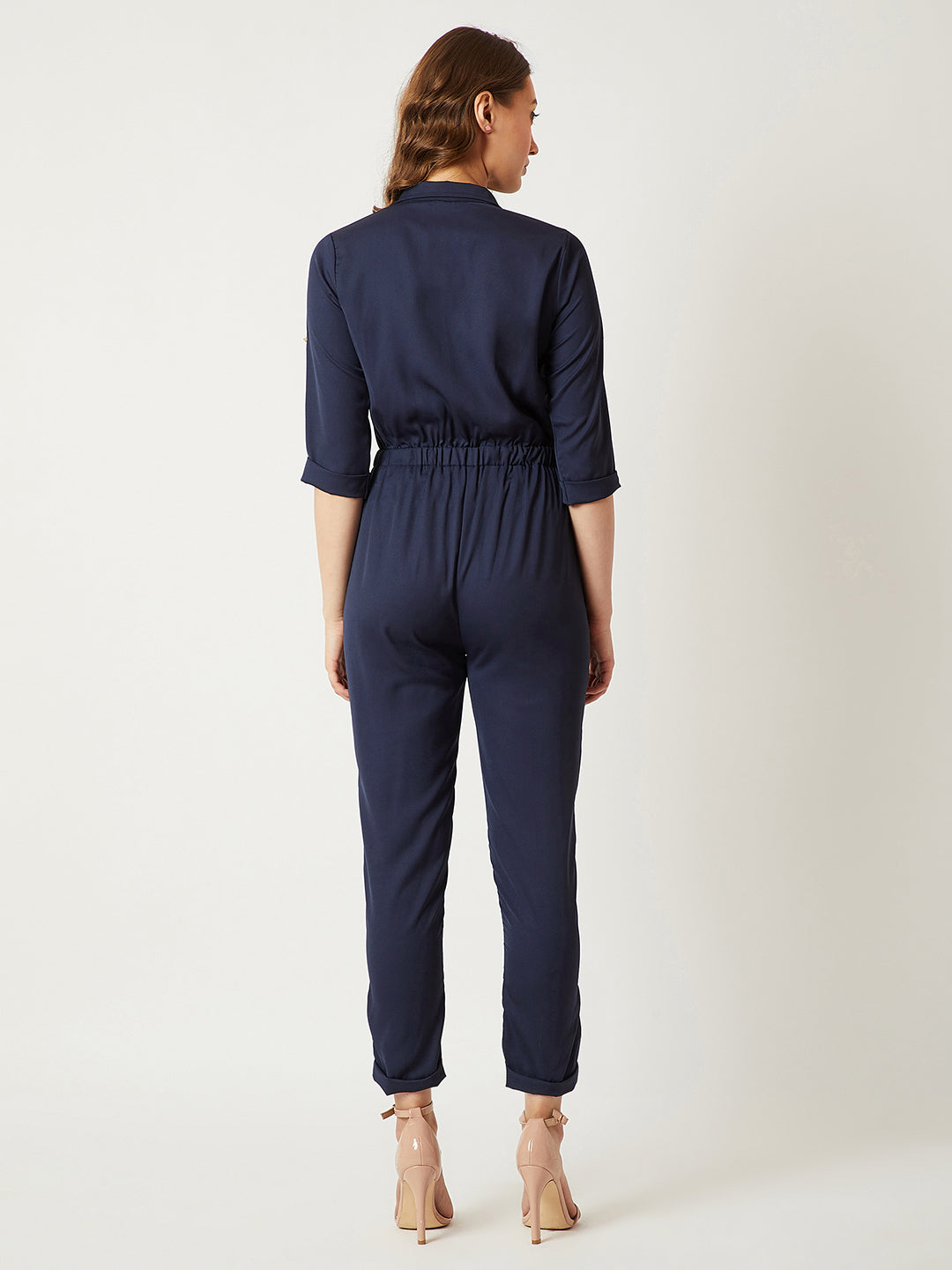 Women's Navy Blue Collared 3/4 Sleeves Collared Tie-Up Detailing Solid Straight-Leg Regular Length Jumpsuit