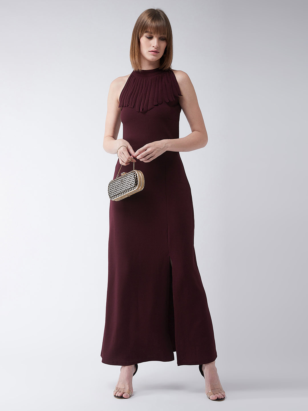 Crease Ease Women's Wine Red Fringed Halter Neck Sleeveless Solid Maxi Front Slit Dress