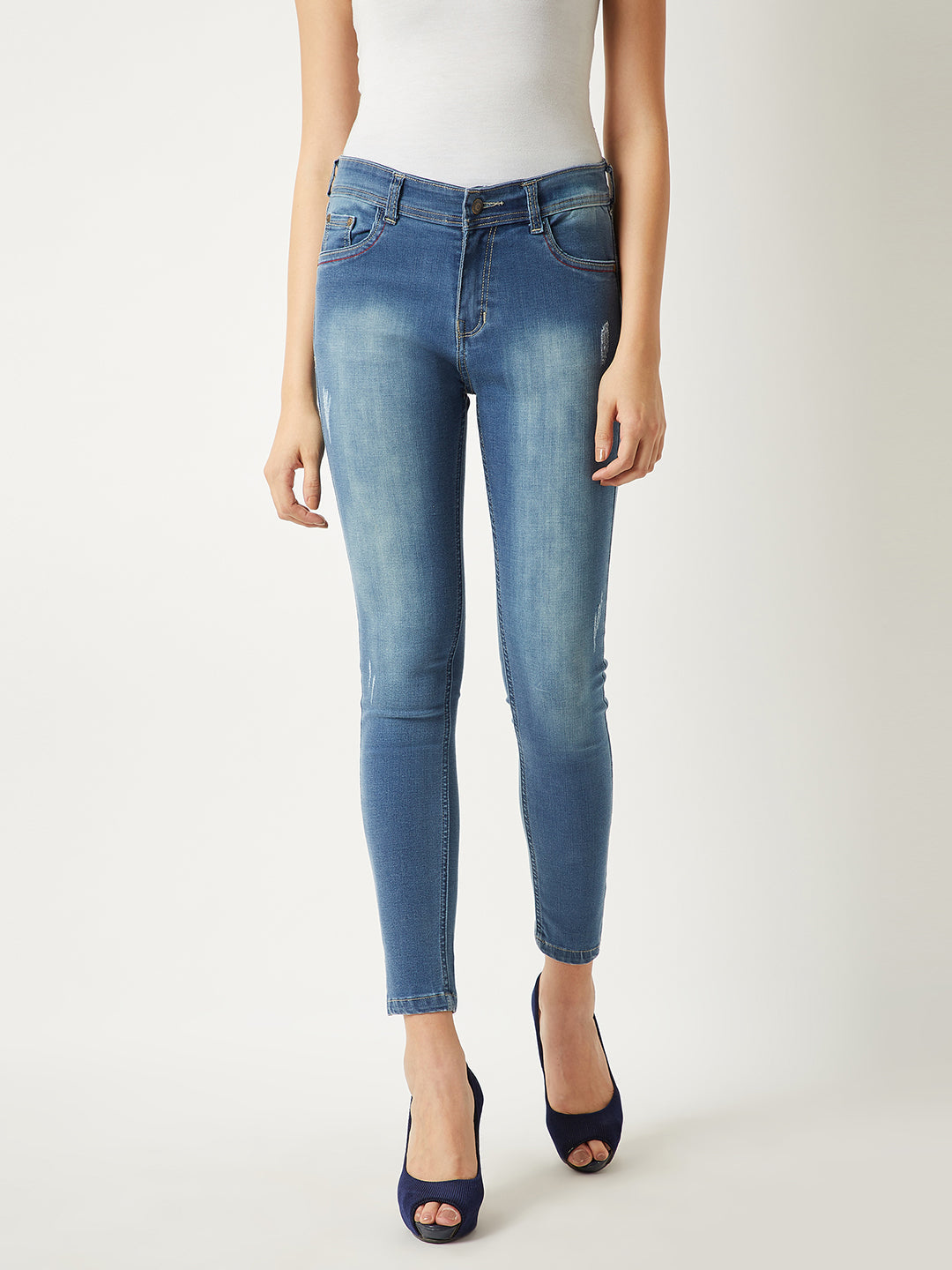 Women's Blue Skinny Fit High Rise Clean Look Regular Length Twill Tape Detailing Scraped Stretchable Denim Jeans