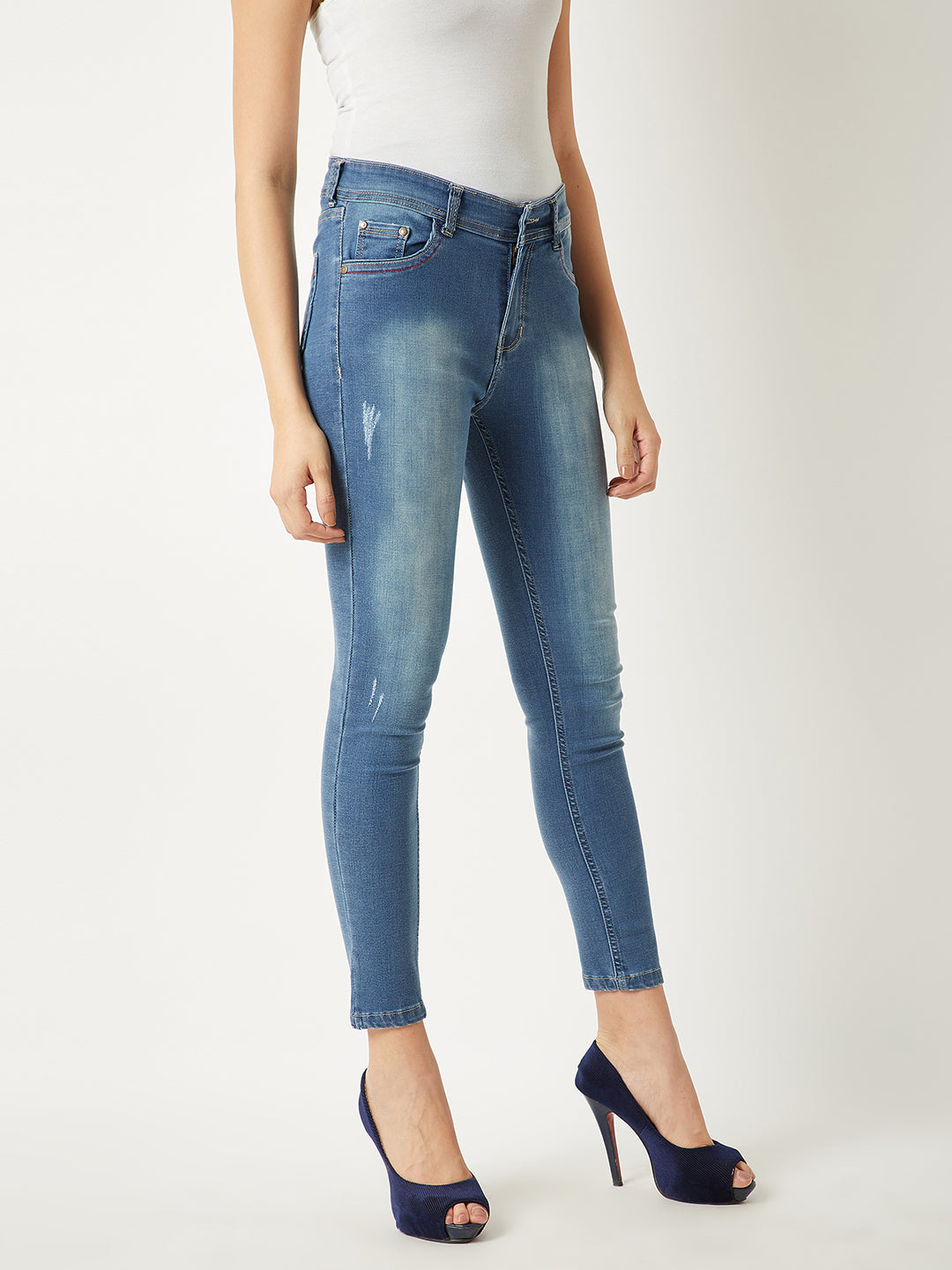 Women's Blue Skinny Fit High Rise Twill Tape Detailing Scraped Stretchable Denim Jeans