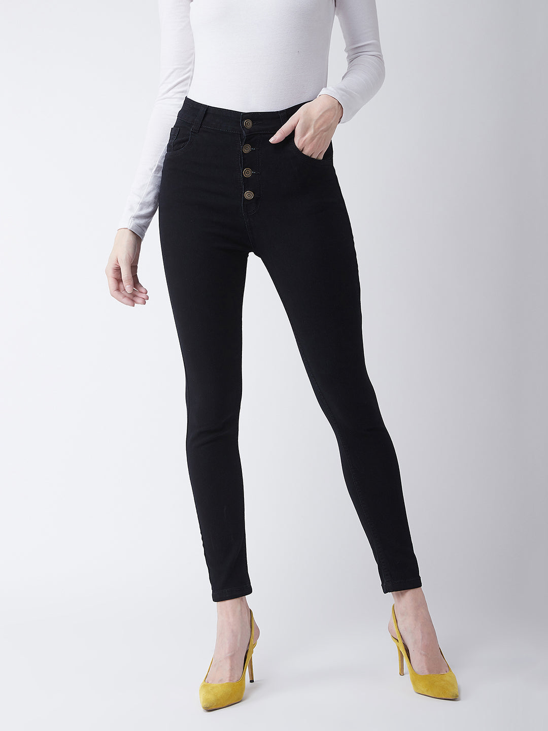 Women's Black Skinny Fit High Rise Clean Look Regular Length Stretchable Denim Jeans