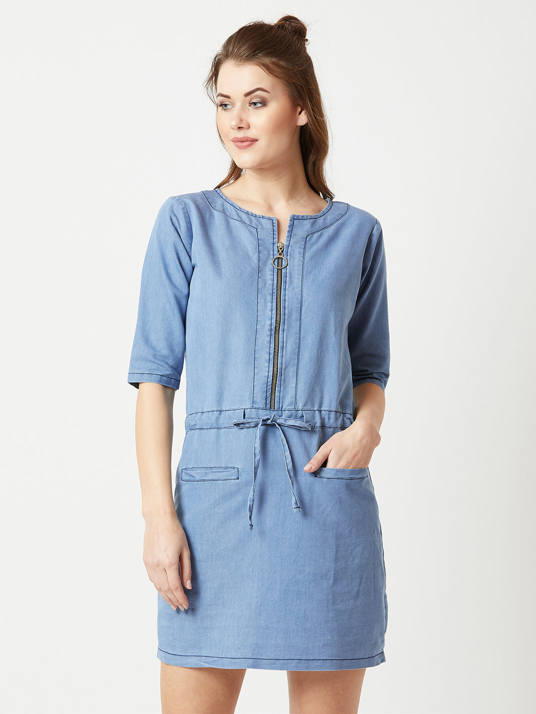 Women's Light Blue Polo Neck 3/4 Sleeve Denim Solid Midi Shift Dress