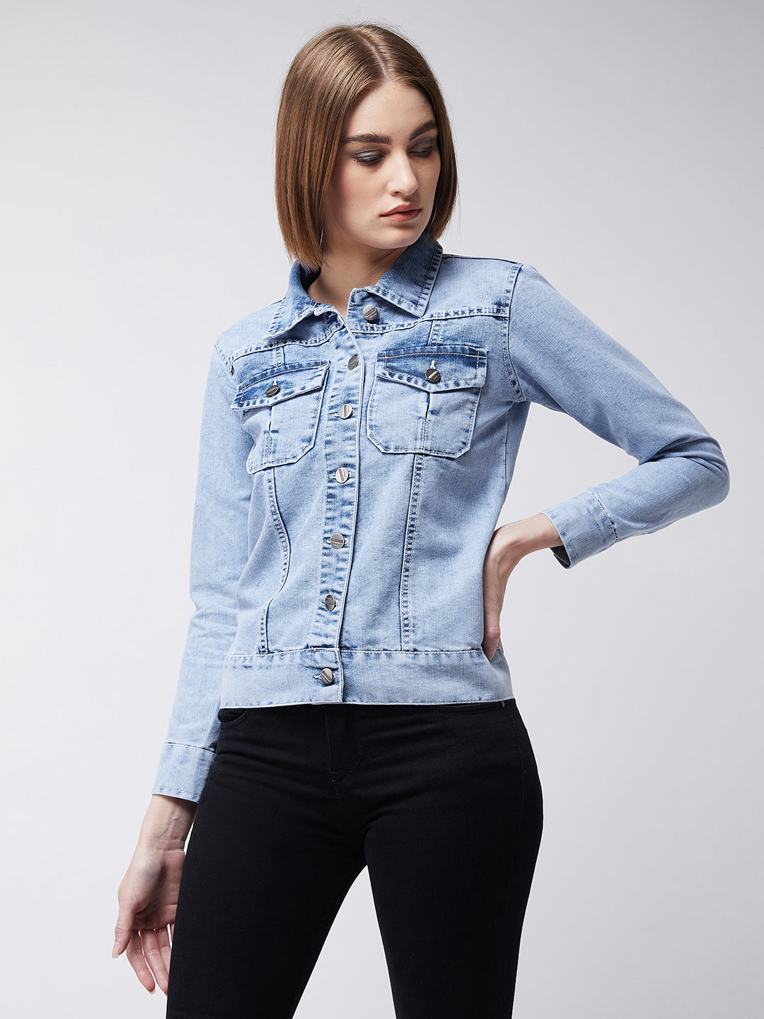 Women's Light Blue Collared Full Sleeves Solid Buttoned Denim Jacket