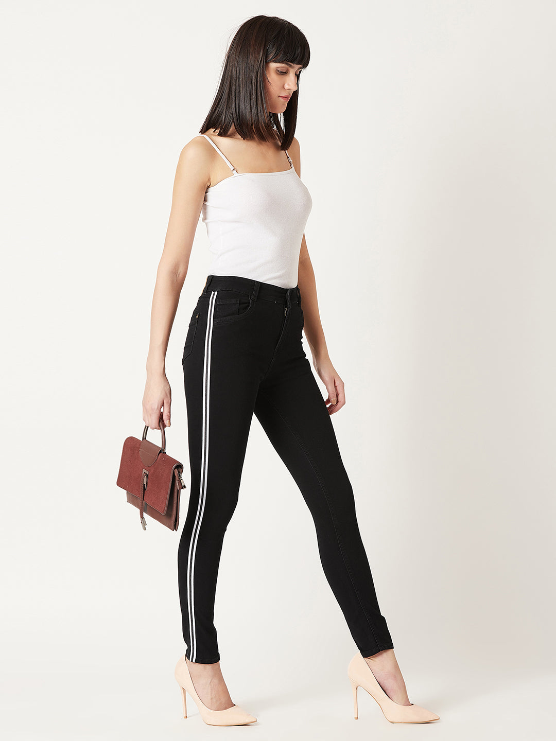 Women's Black Slim Fit Mid Rise Twill Tape Detailing Clean Look Acid Wash Crop Length Stretchable Denim Jeans