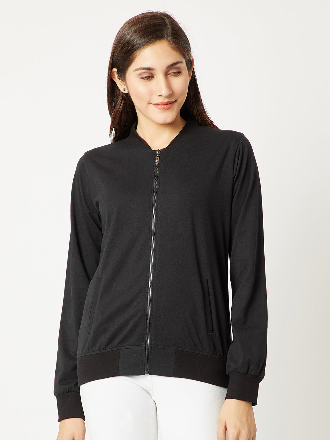 Women's Black Round Neck Full Sleeve Cotton Solid Bomber Jacket