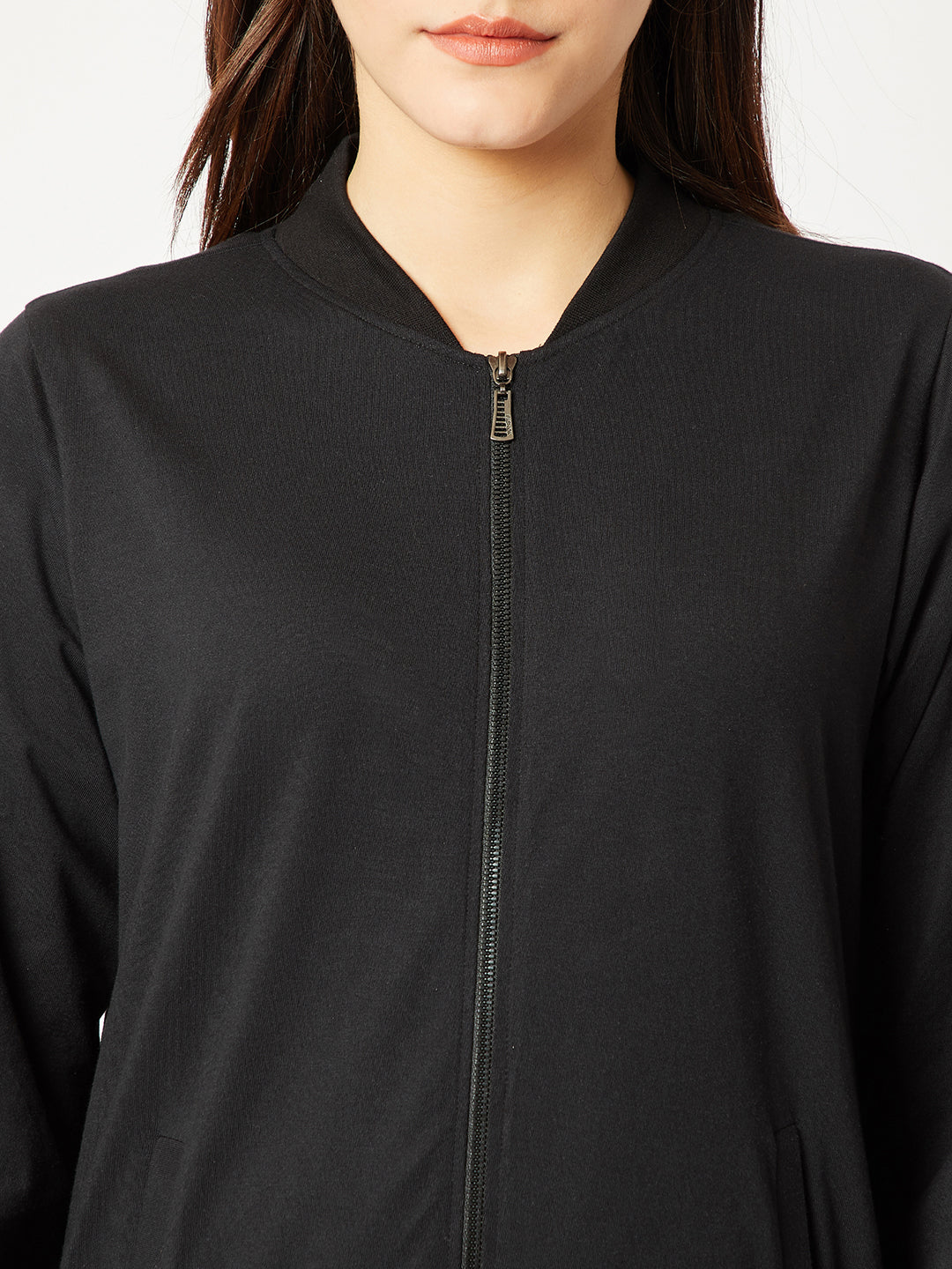 Women's Black Round Neck Full Sleeve Cotton Solid Bomber Jacket