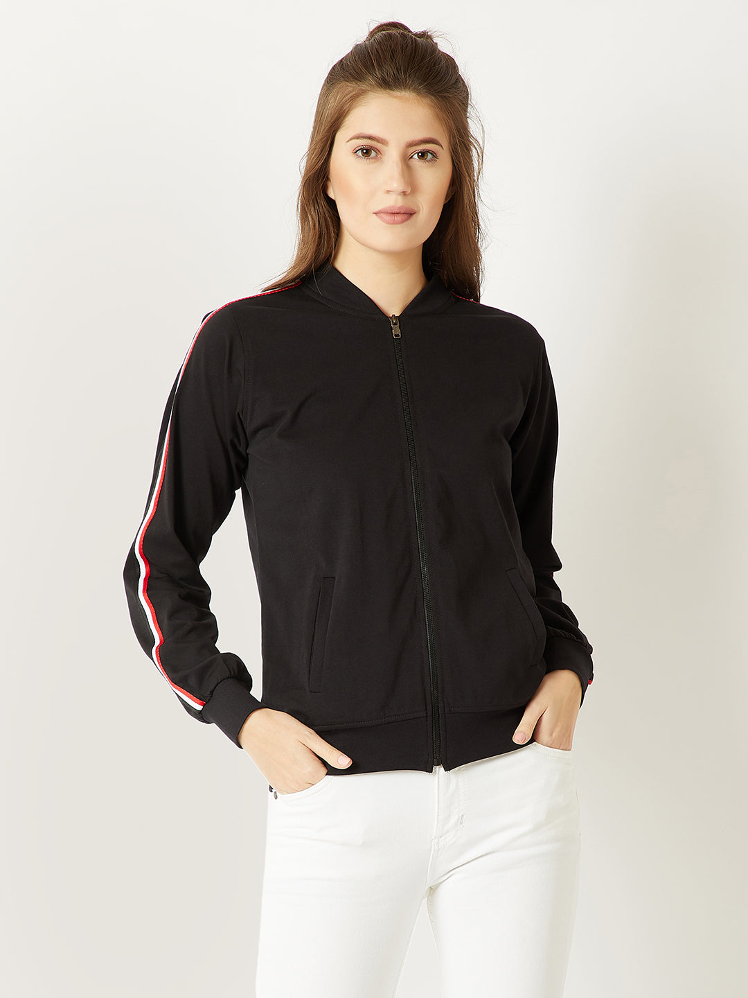 Women's Black Round Neck Full Sleeve Cotton Solid Zippered Twill Tape Detailing Bomber Jacket