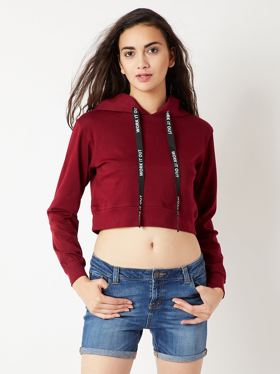 Women's Maroon Solid Round Neck Full Sleeve Hooded Boxy Graphic Twill Tape Detailing Crop Sweatshirt