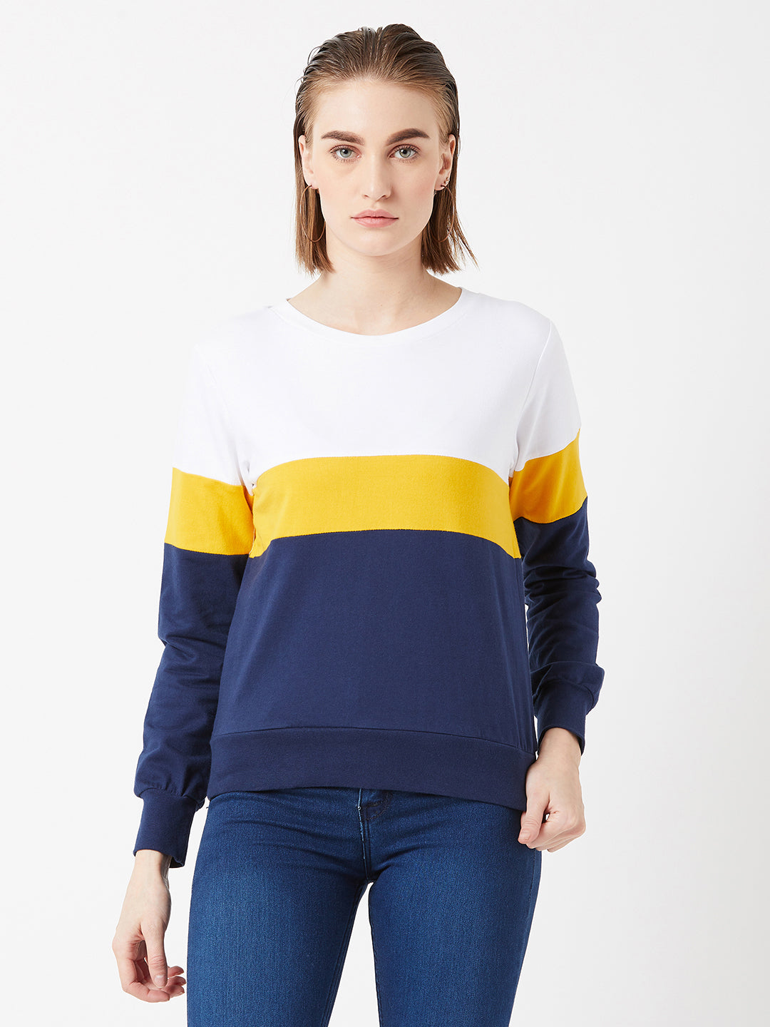 Women's Multicolored With A Navy Blue Base Round Neck Full Sleeves Cotton Solid Color block Paneled Boxy Sweatshirt