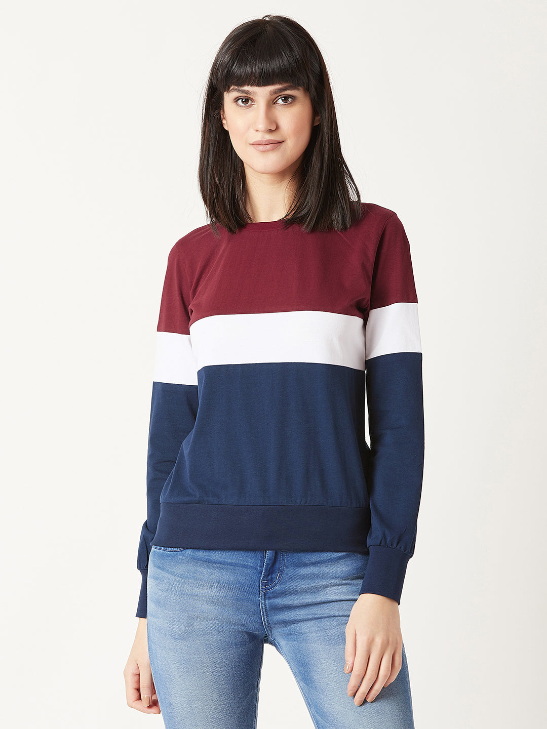 Women's Multicolored With A Navy Blue Base Round Neck Full Sleeves Cotton Solid Boxy Paneled Color block Sweatshirt