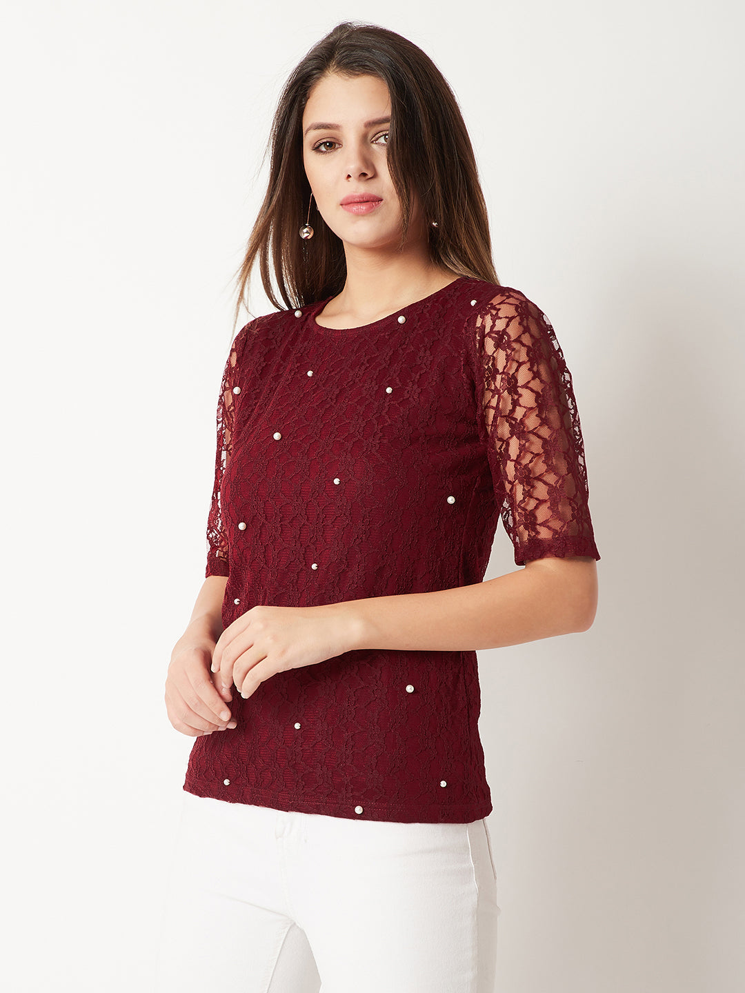 Women's Maroon Round Neck Half Sleeves Cotton Solid Lace And Pearl Detailing Top