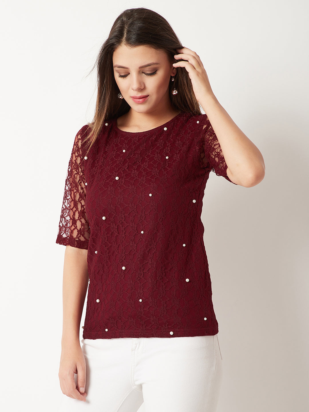 Women's Maroon Round Neck Half Sleeves Cotton Solid Lace And Pearl Detailing Top