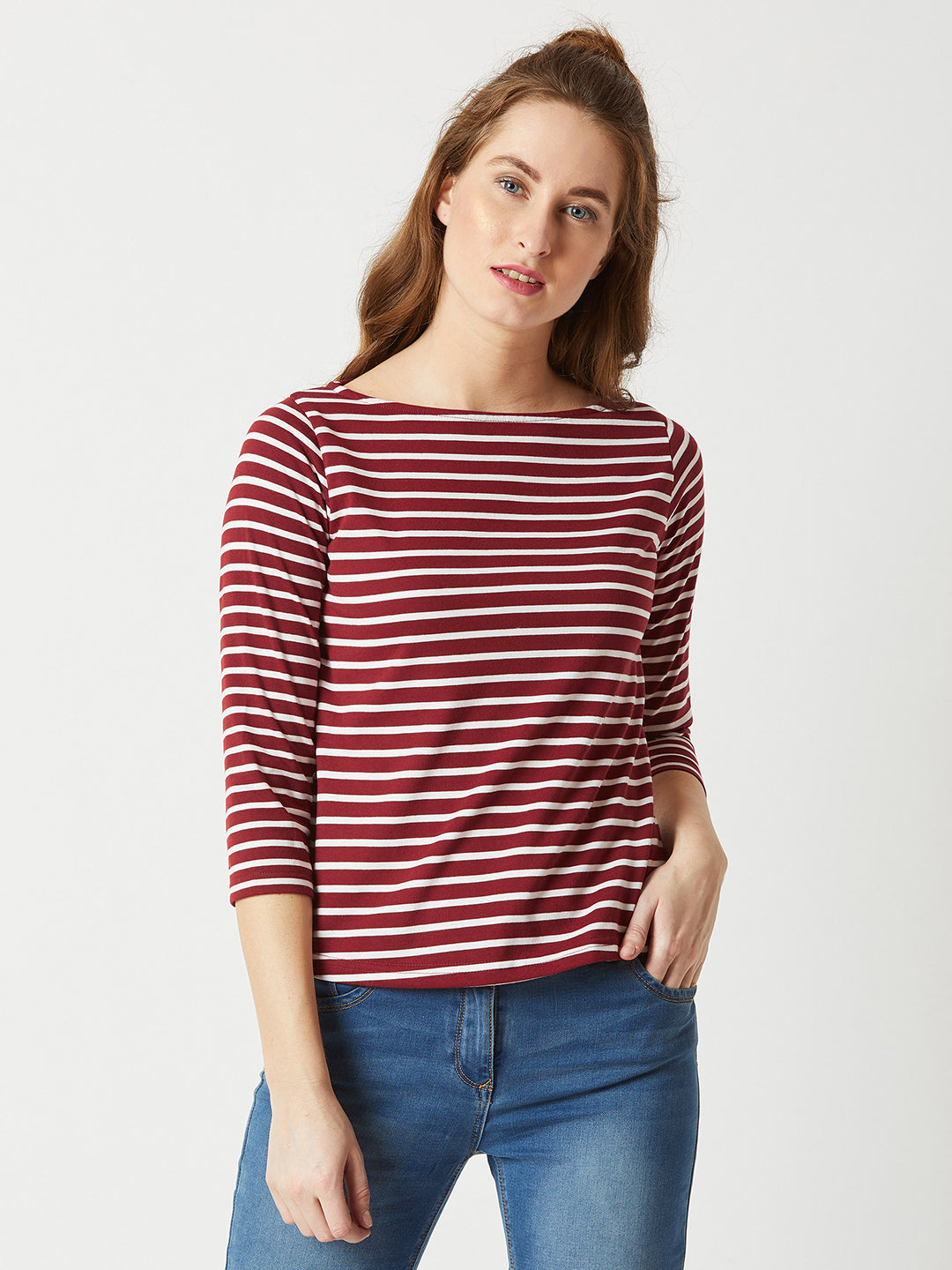 Women's Maroon & White Boat Neck 3/4 Sleeve Cotton Striped Top