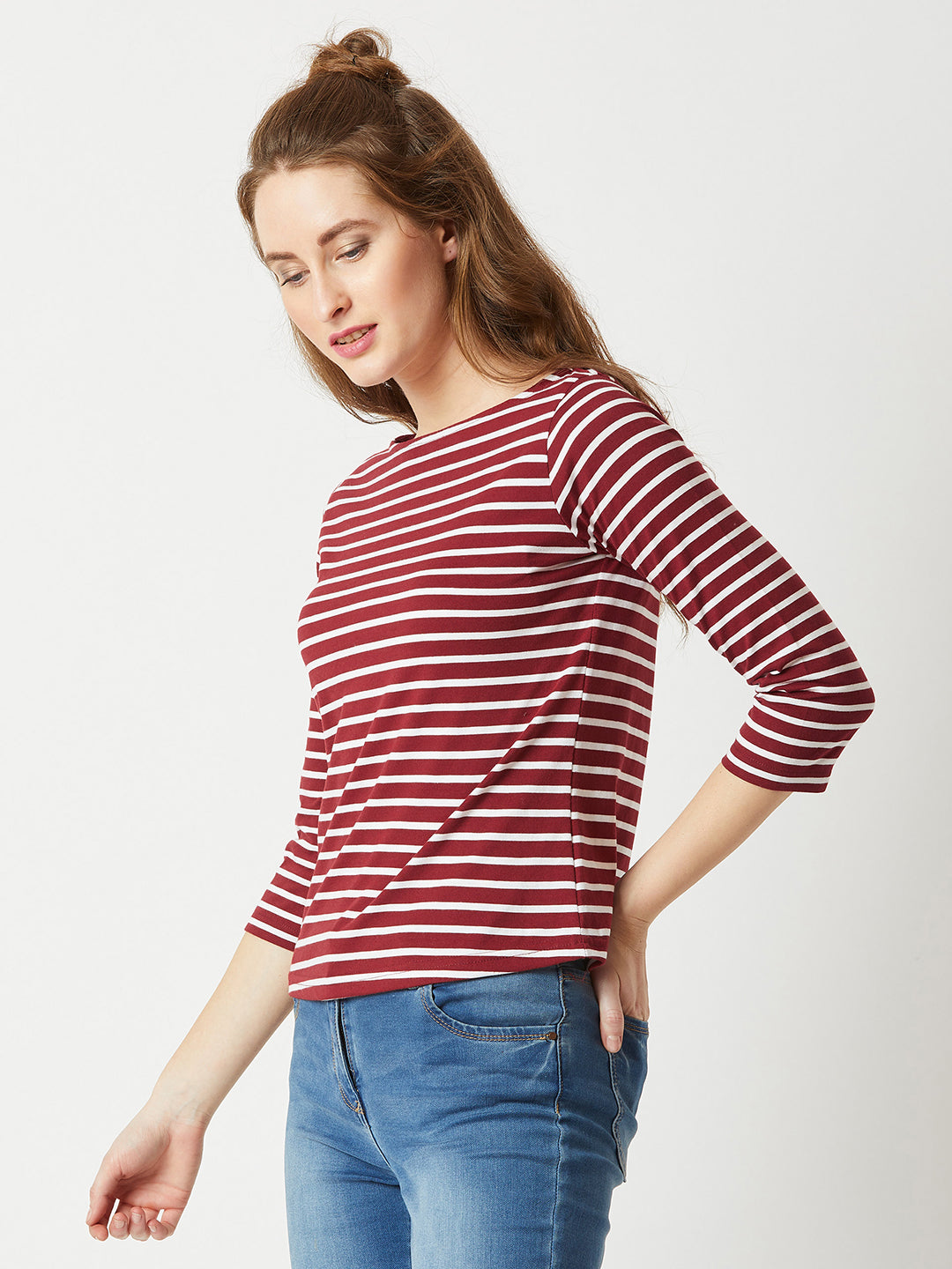 Women's Maroon & White Boat Neck 3/4 Sleeve Cotton Striped Top