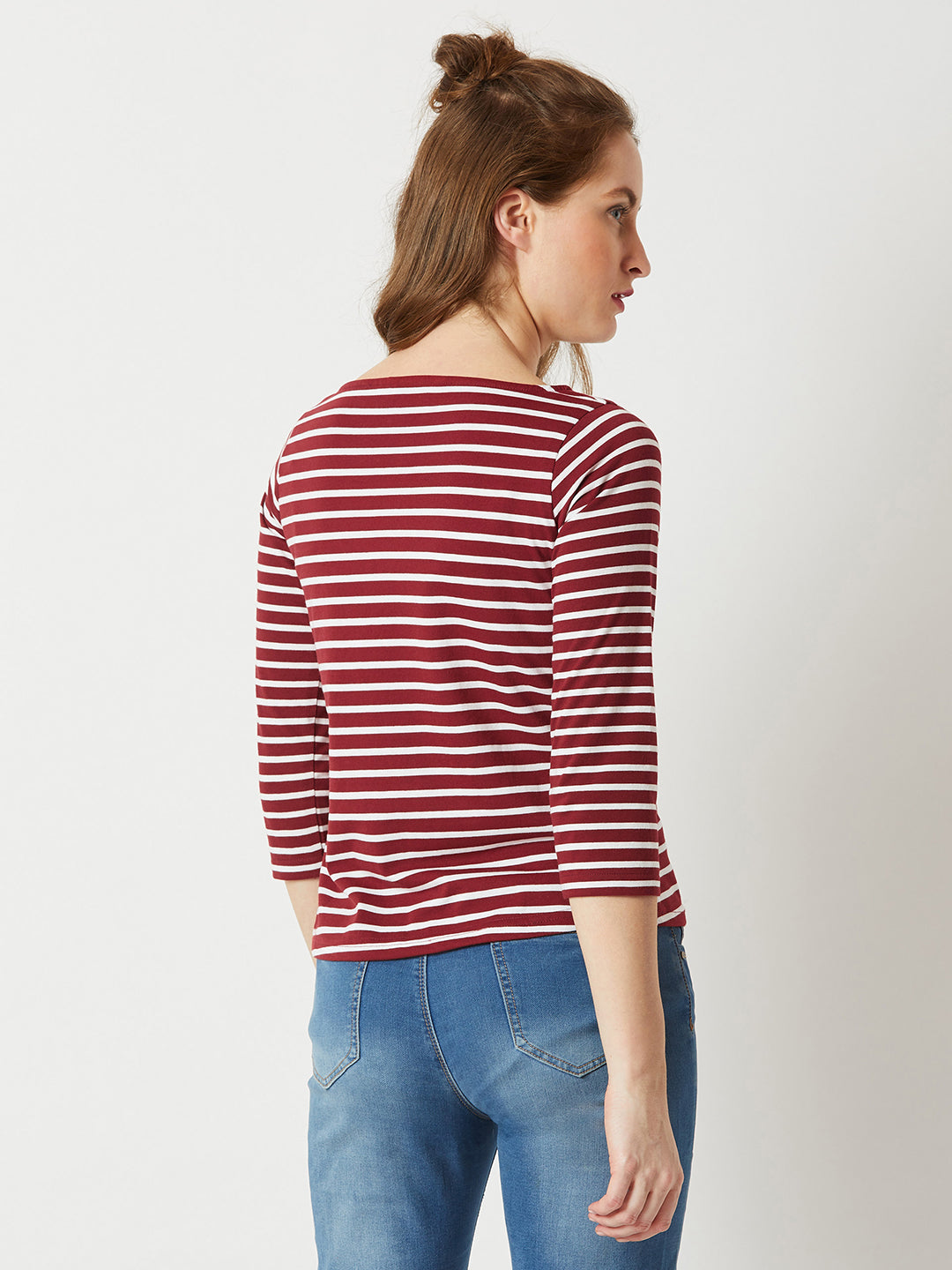 Women's Maroon & White Boat Neck 3/4 Sleeve Cotton Striped Top